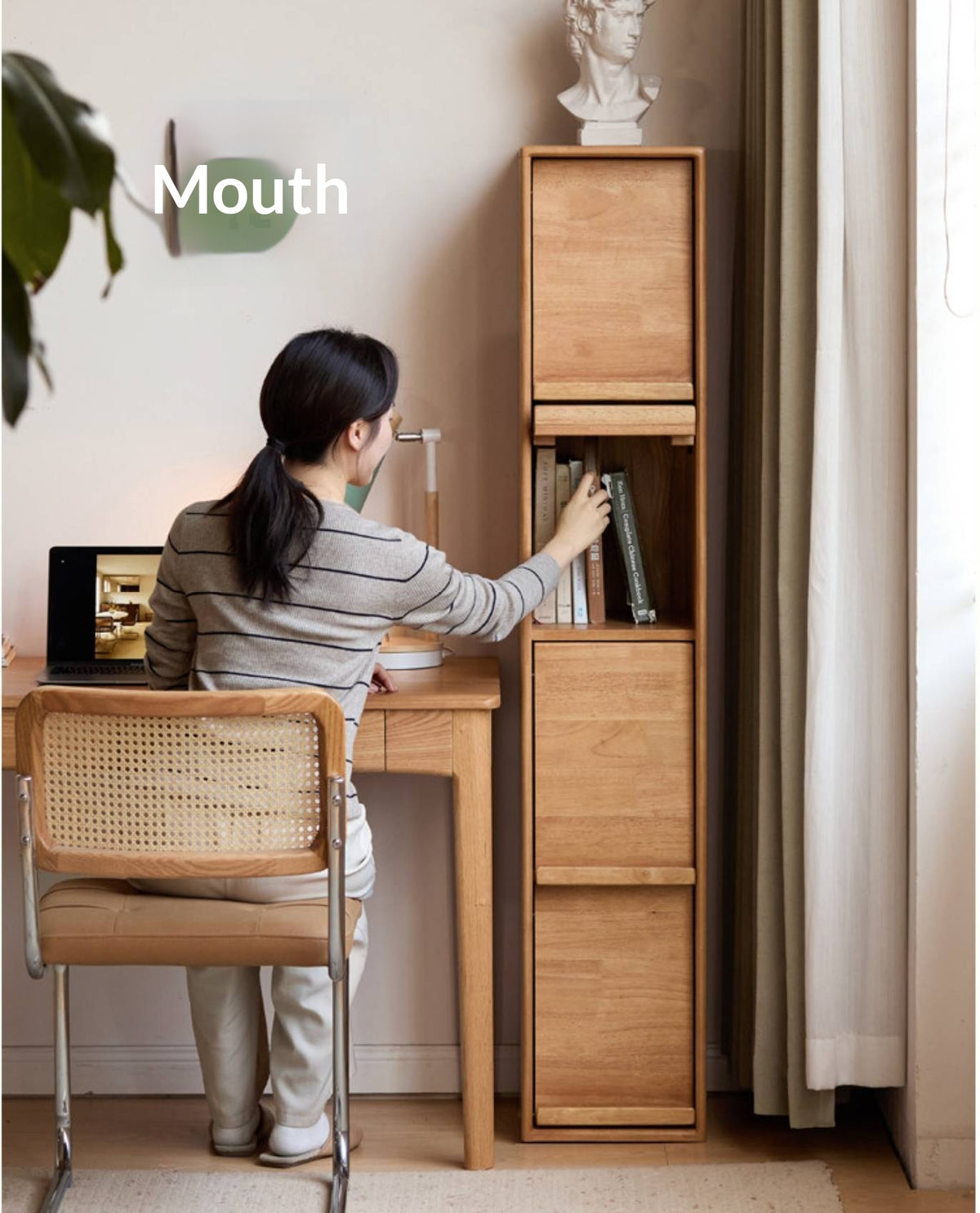 Solid Rubberwood Ultra-Narrow Bookcase with Flip-Down Front Panel