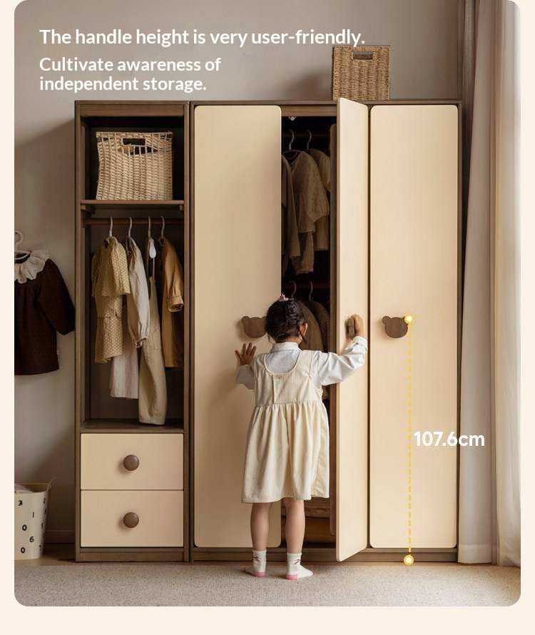 Solid RubberWood Kids Wardrobe Closet with Bear Handles and Storage Drawers