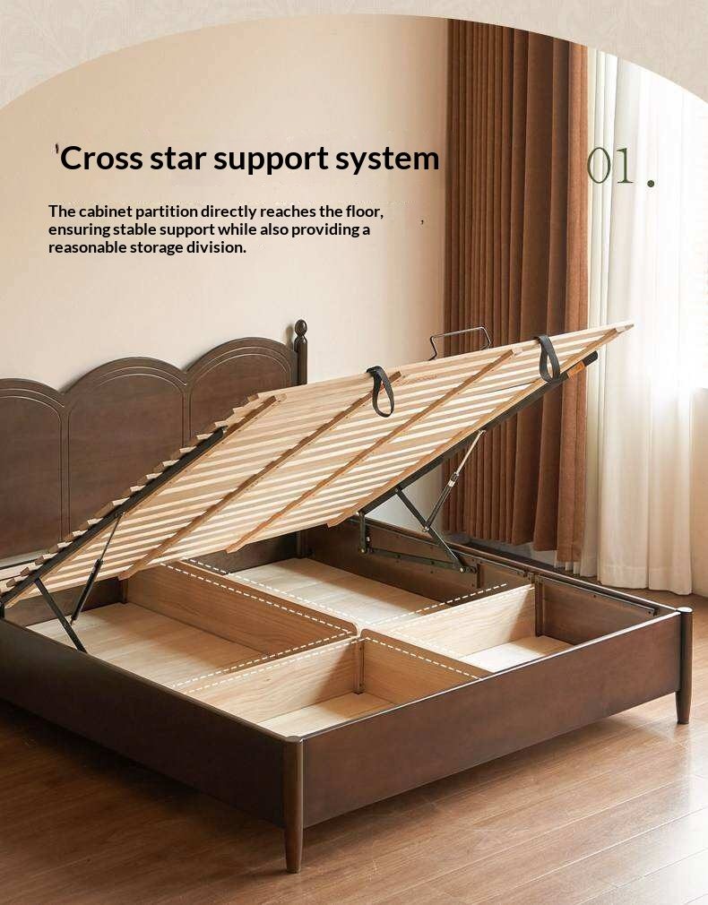 Poplar Solid Wood Bed with French Retro Style and Large Off-the-Floor Box Design
