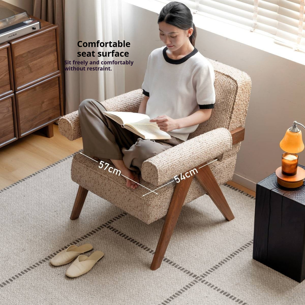 Ash solid wood Accent Armchair, Upholstered Lounge Chair with Angled A-Frame Legs and Wide Padded Armrests