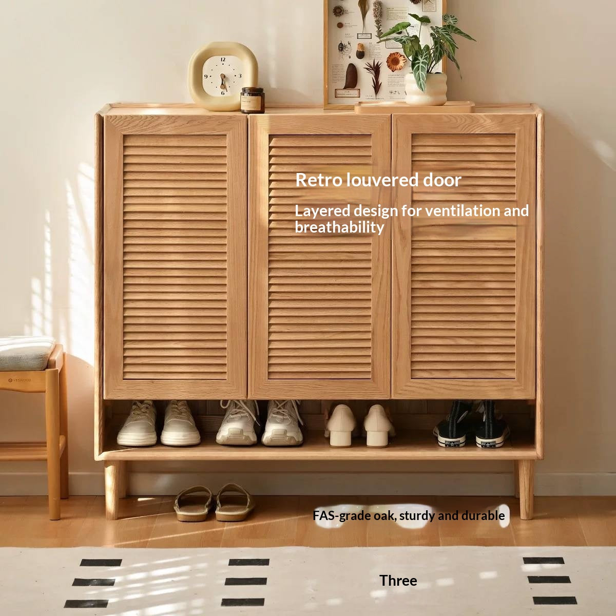 Oak Solid Wood Louvered Door Shoe Cabinet with Open Shelf for Entryway