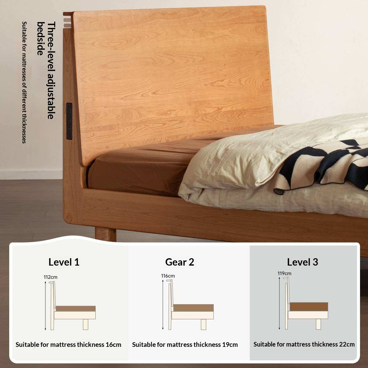 Cherry Solid Wood Bed Modern Minimalist Luminous Bed