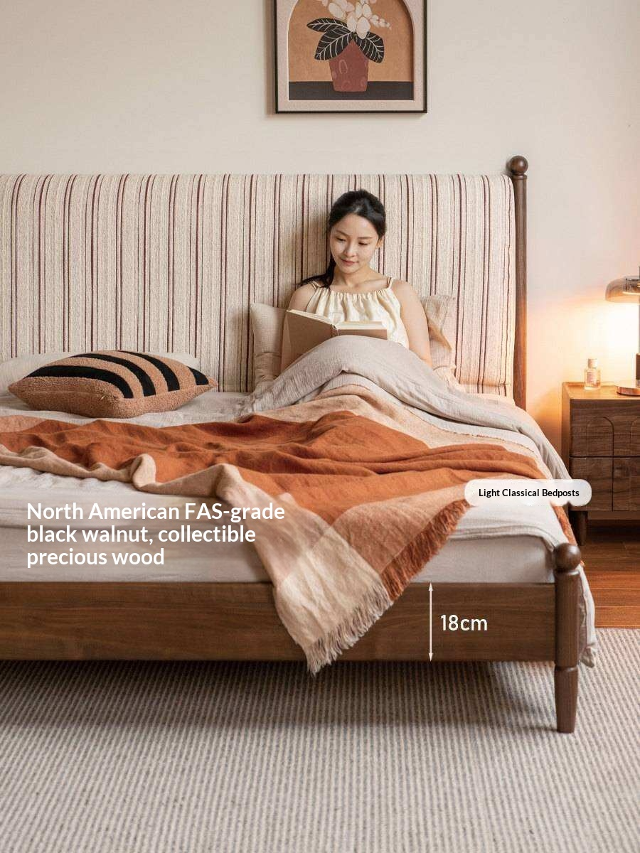 Black Walnut Solid Wood Striped Upholstered Panel Bed