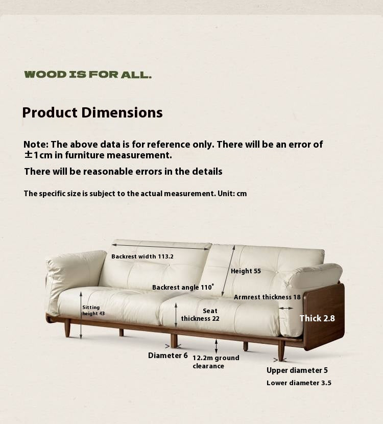 Black Walnut, Oak Solid Wood Genuine Leather Sofa Italian-Inspired