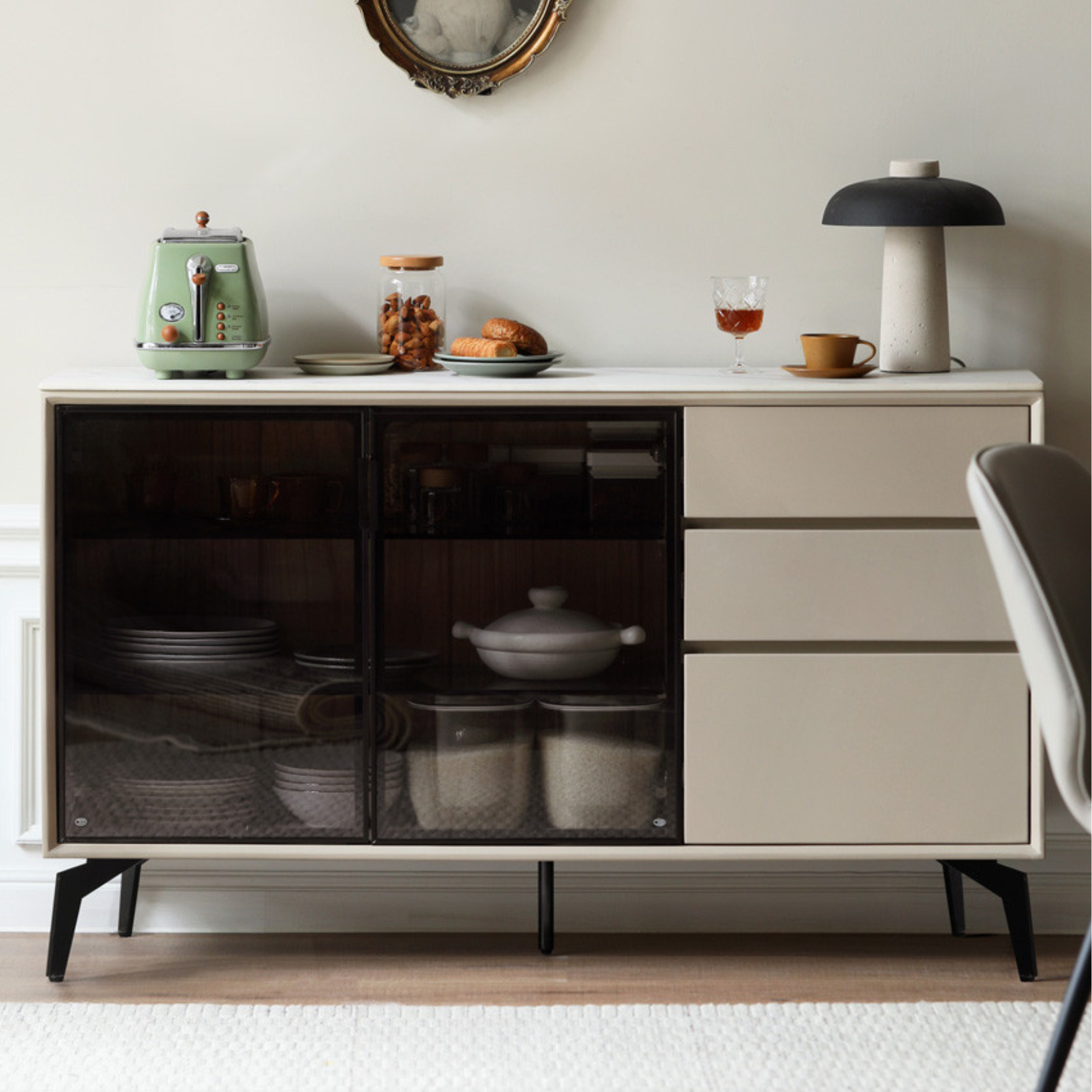 Poplar Solid Wood Rock Board Glass Door Dining Sideboard
