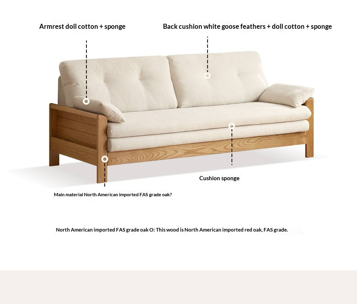 Oak Solid Wood Tufted Sofa Bed with Wood Frame and Side Storage Pocket