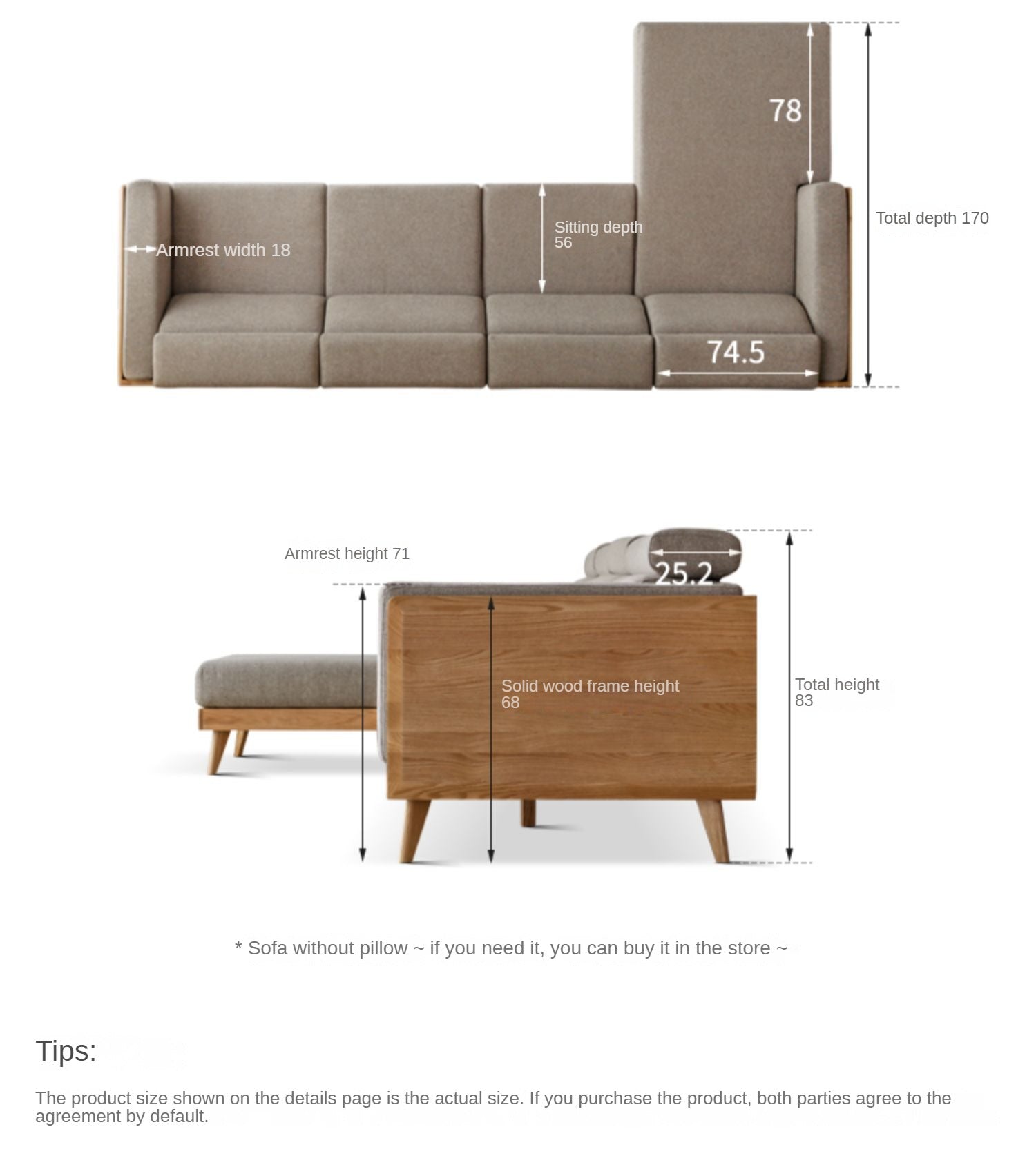 Oak, Ash Solid Wood Modern Fabric Sofa.
