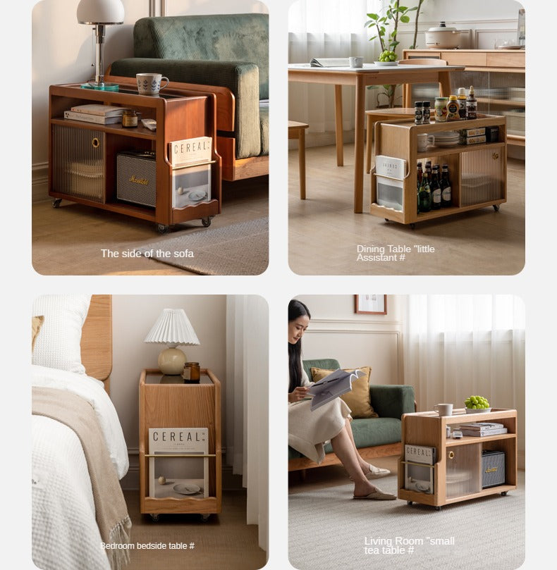 Oak, Beech, Poplar, Black Walnut Solid Wood Mobile Glass Side Table