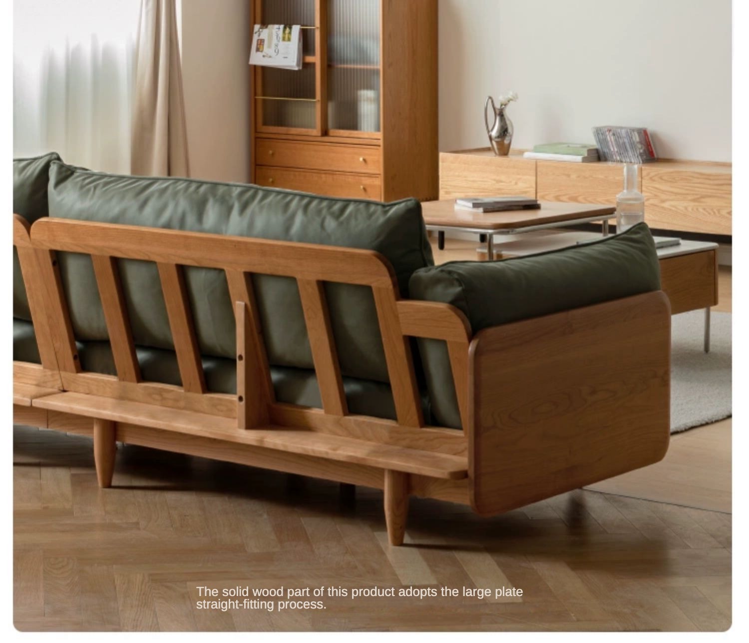 Cherry Wood Sofa Genuine Leather, Fabric-