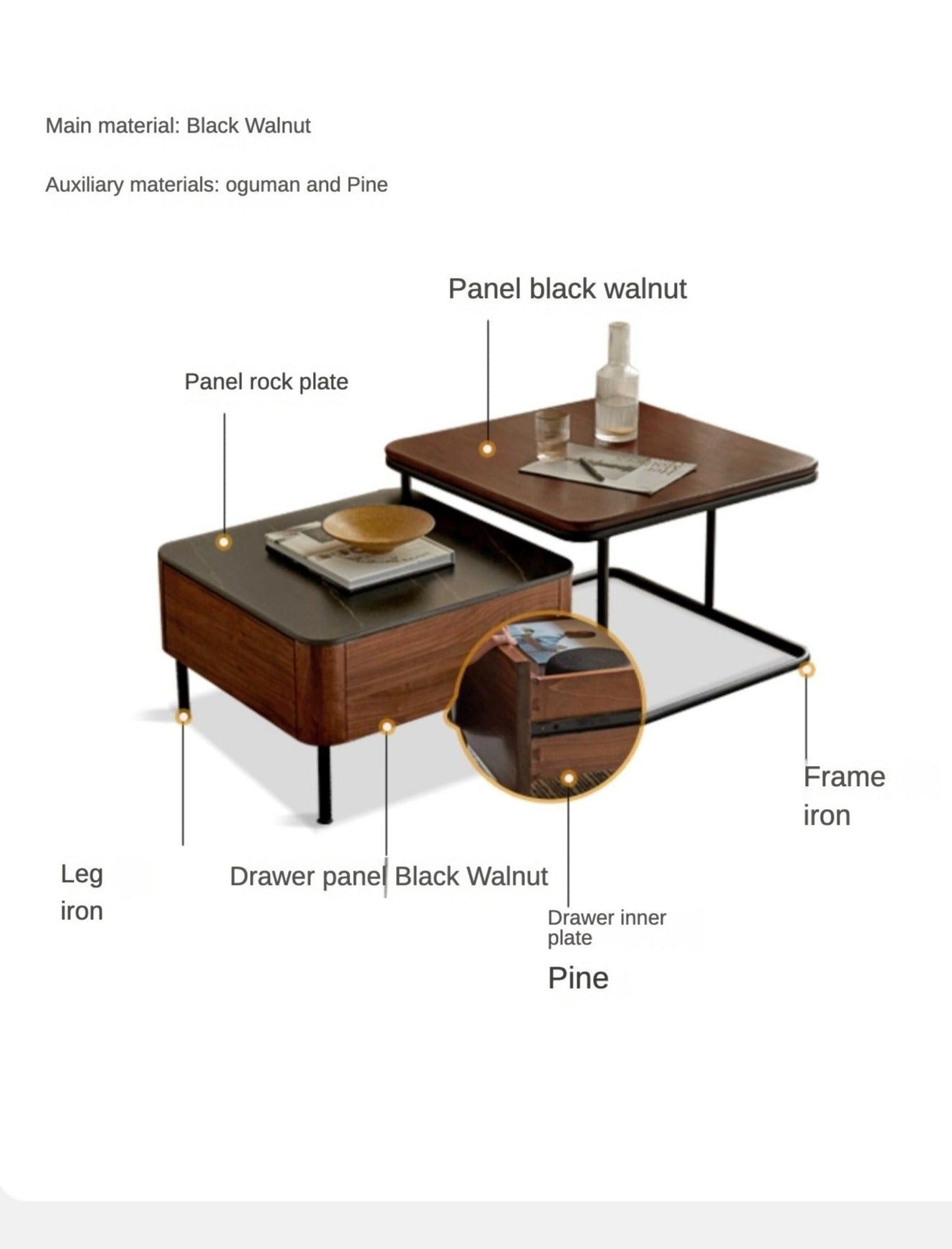 Sandalwood, Oak, Black Walnut Solid Wood Slate Top Coffee Table