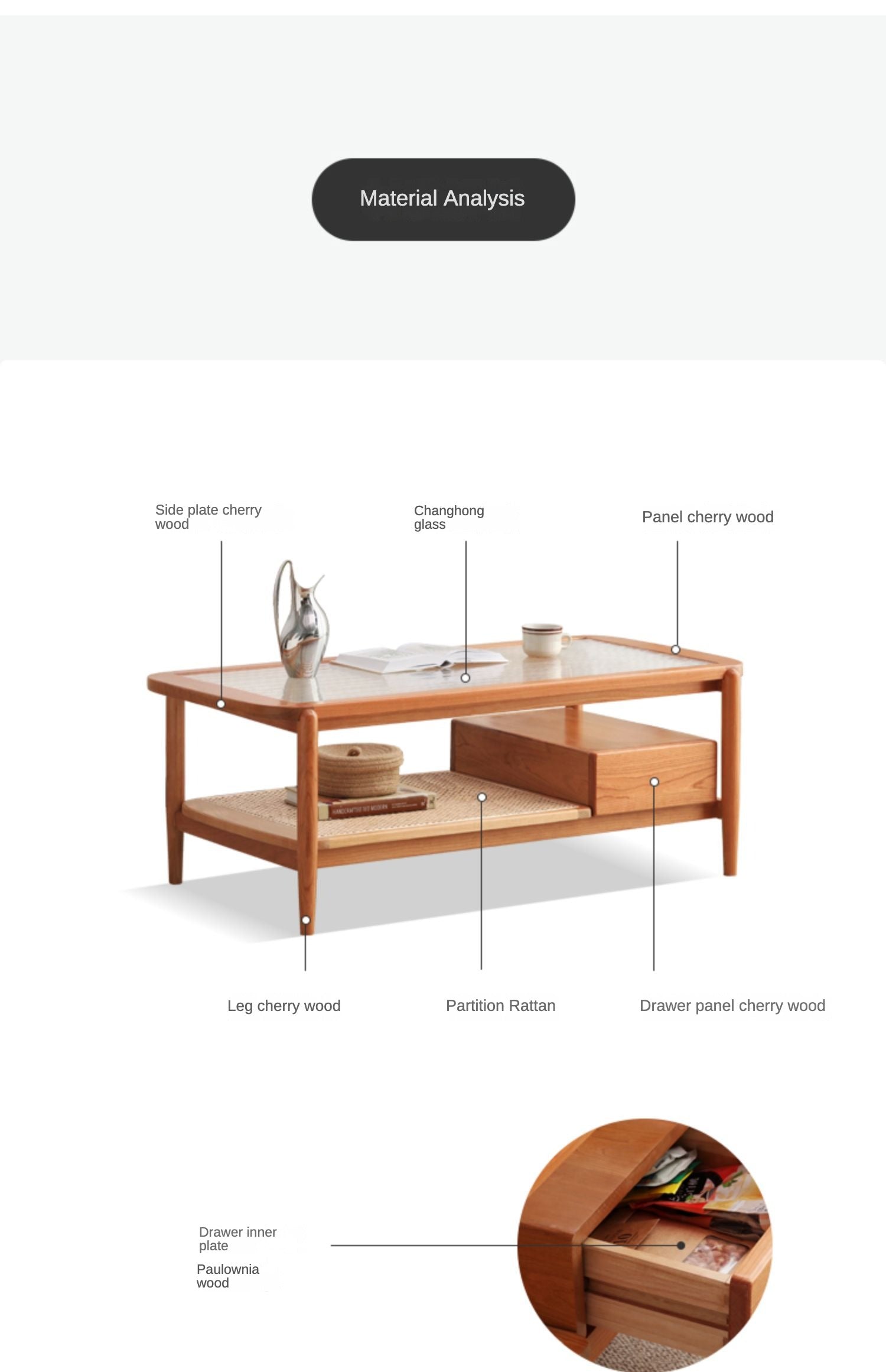 Coffee table glass, rattan Cherry wood"