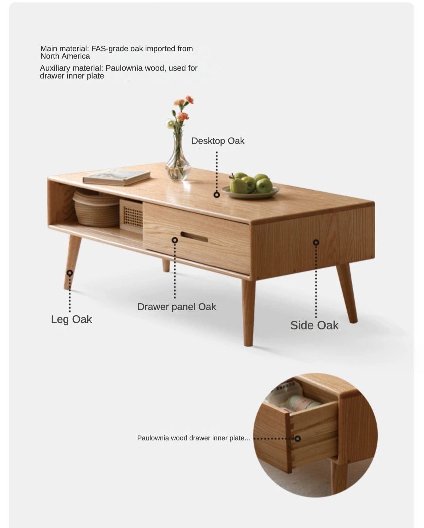 Oак, Beech Solid Wood, Solid Rubberwood Modern Coffee Table