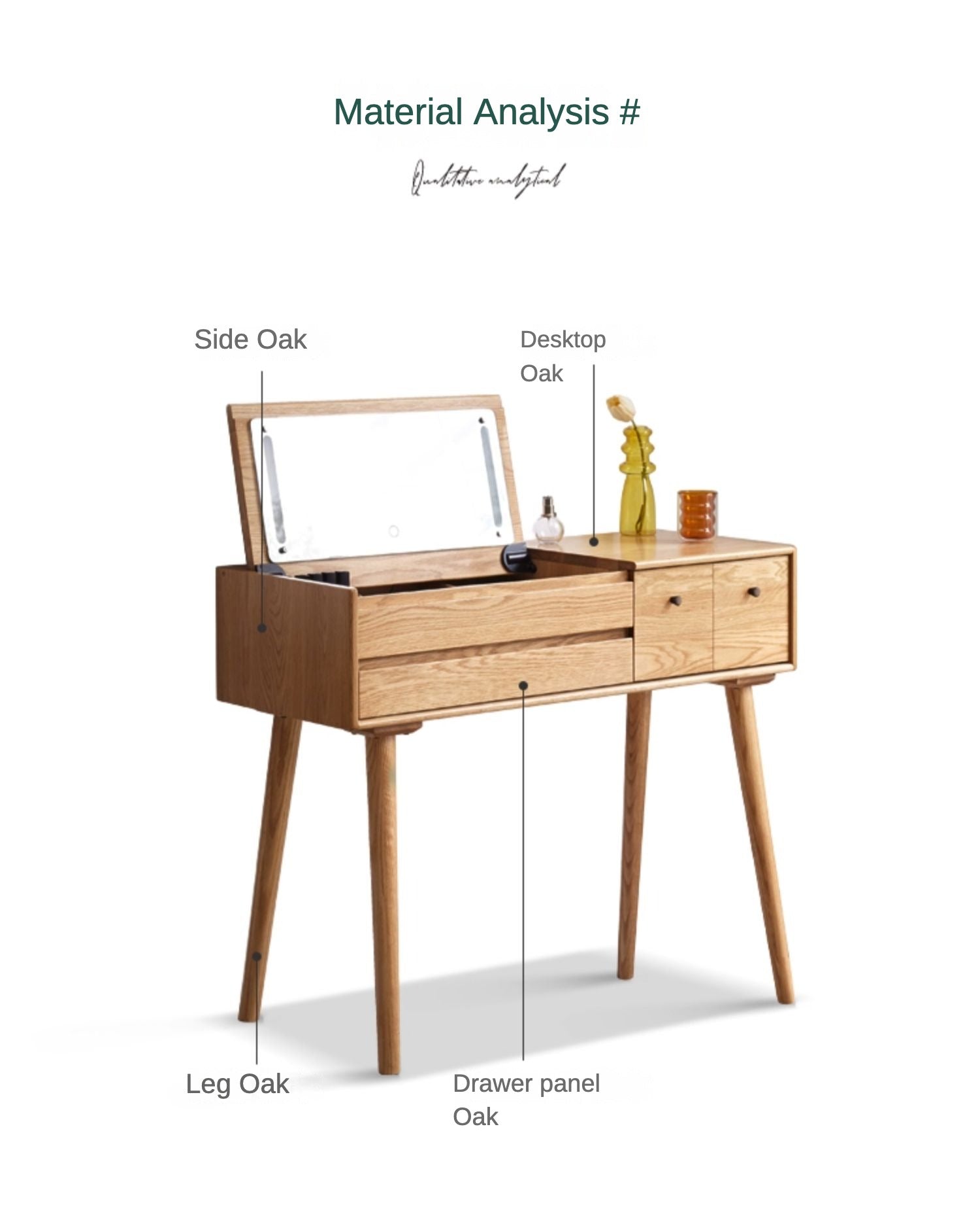 Oak Solid Wood, Solid RubberWood Vanity Table Mirror LED Touch Light.