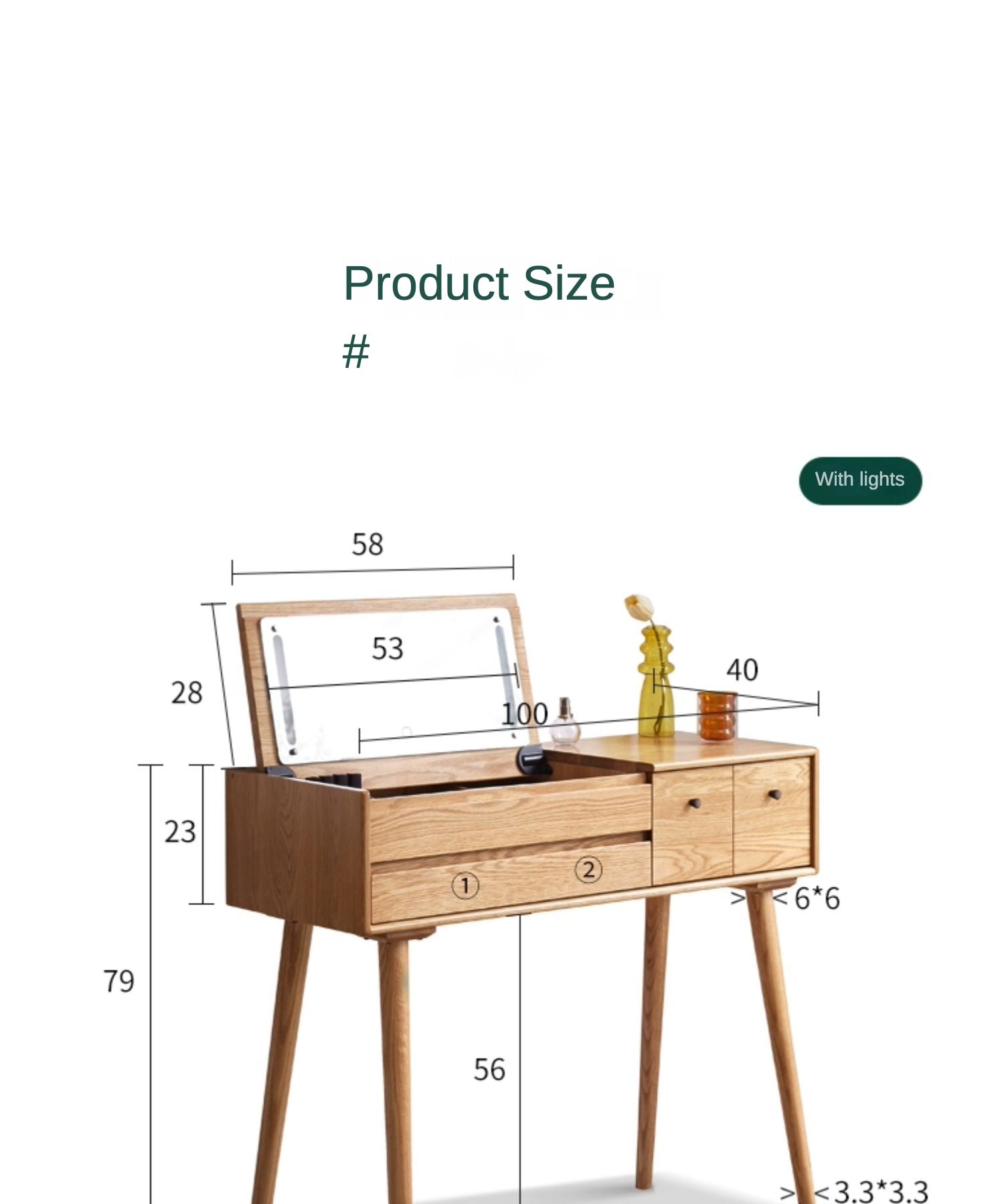 Oak Solid Wood, Solid RubberWood Dressing Table Mirror LED Touch Light.