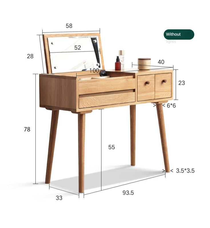 Oak Solid Wood, Solid RubberWood Vanity Table Mirror LED Touch Light.