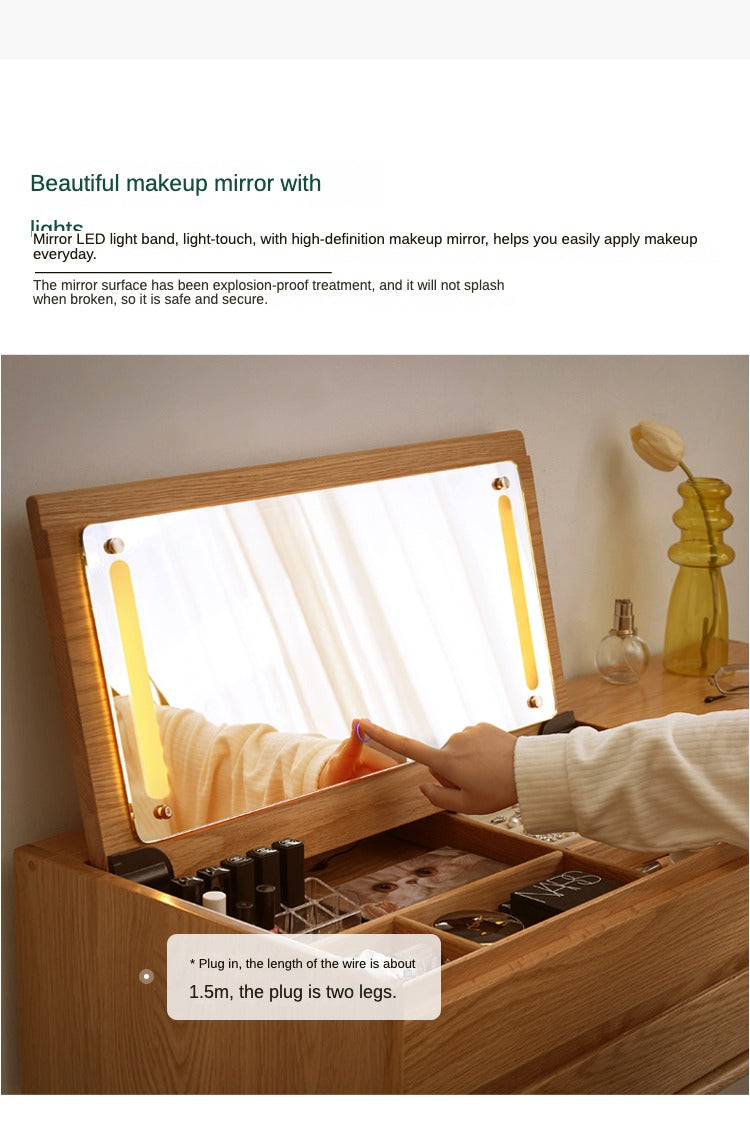 Oak Solid Wood, Solid RubberWood Vanity Table Mirror LED Touch Light.