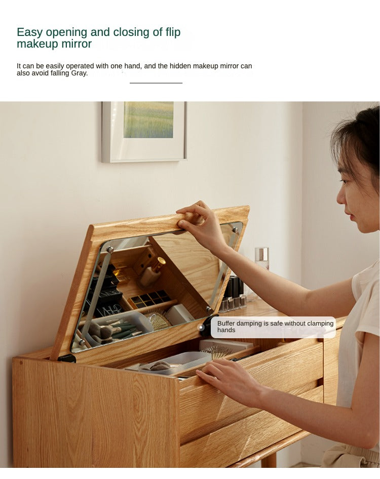 Oak Solid Wood, Solid RubberWood Dressing Table Mirror LED Touch Light.
