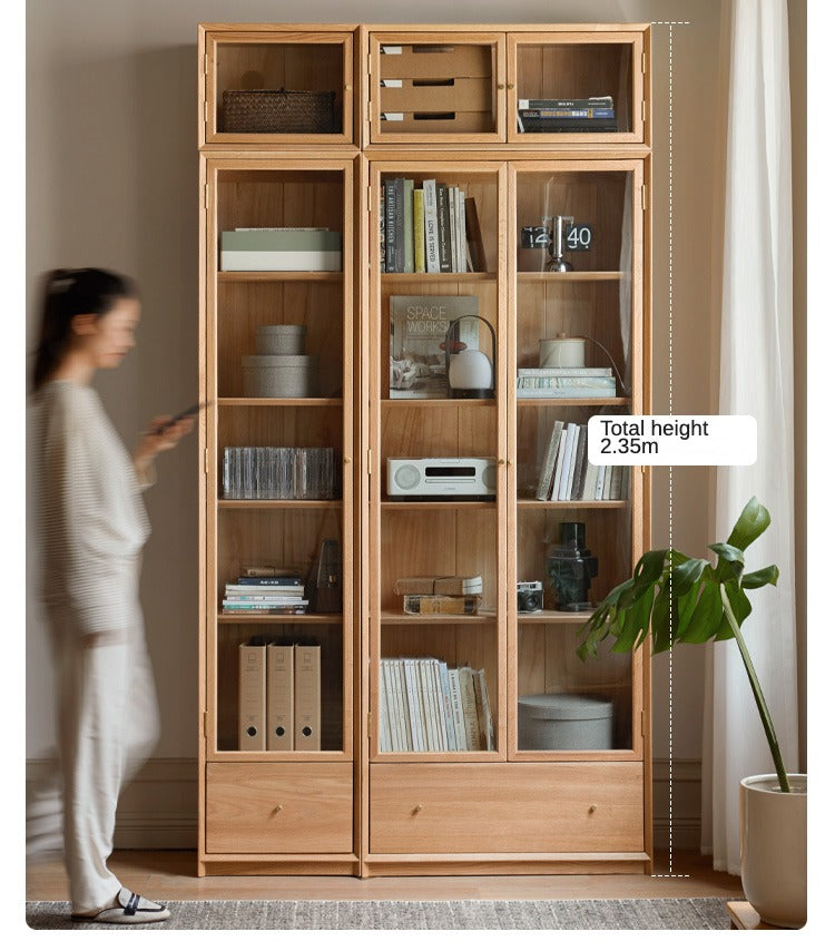 Oak Solid Wood Nordic Style Bookshelf with Floor Storage Cabinet