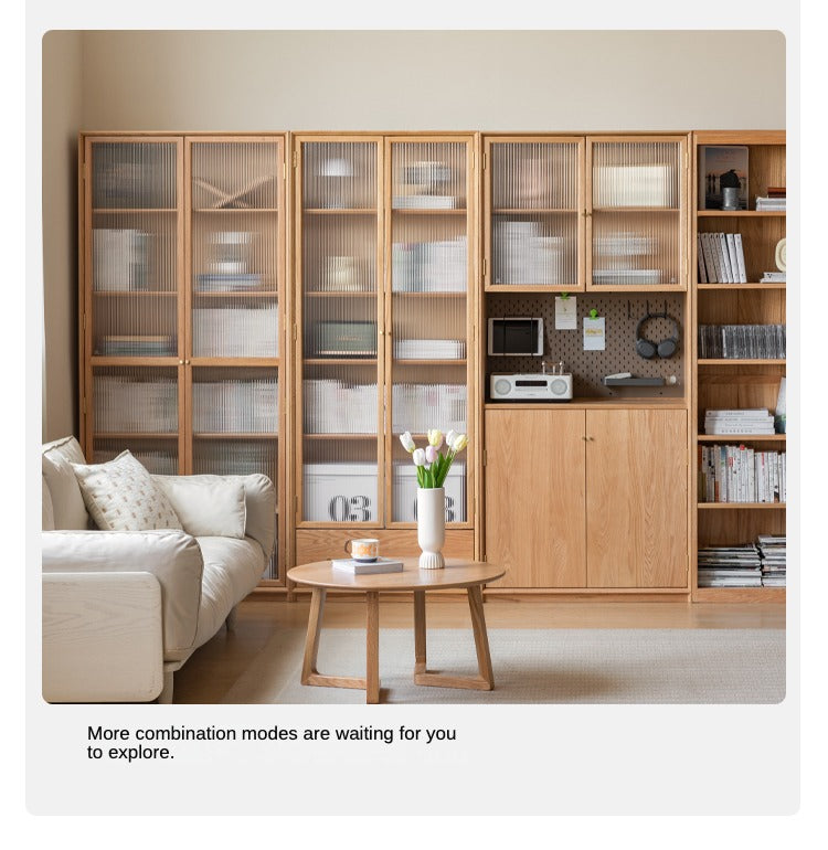 Oak Solid Wood Nordic Style Bookshelf with Floor Storage Cabinet