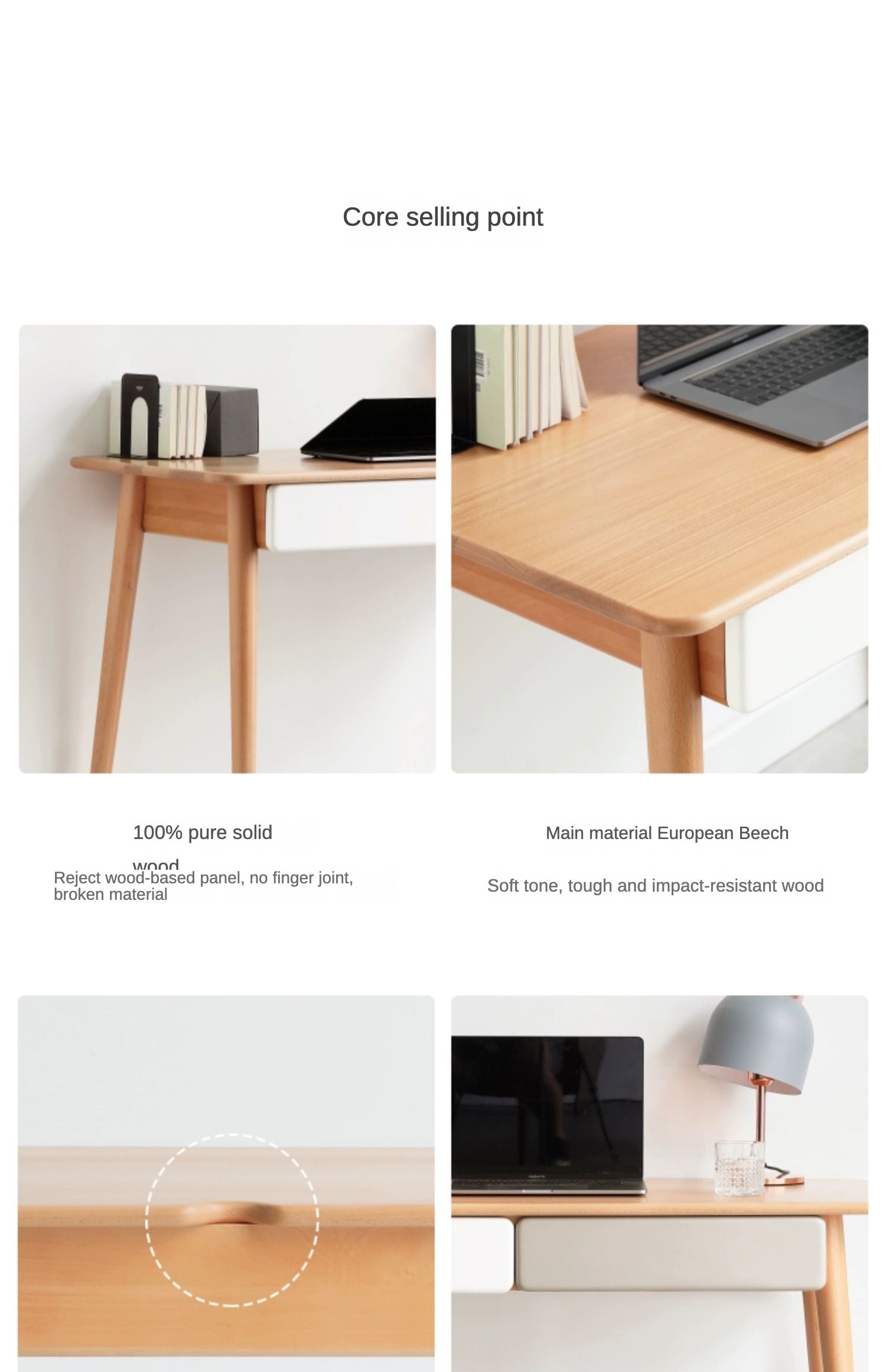 Beech Solid Wood Office Desk with 2 Drawers