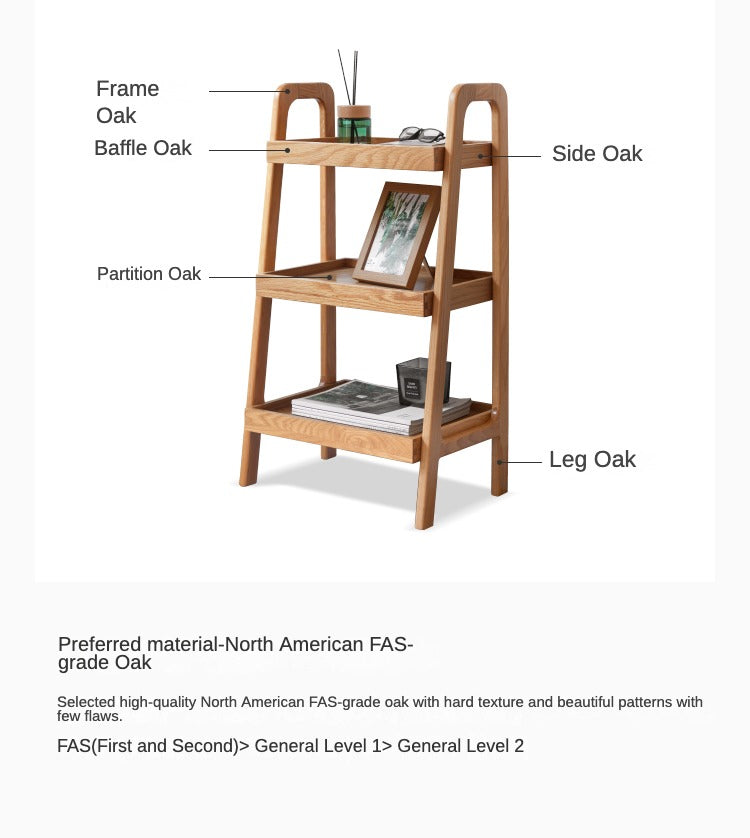 Oak Solid Wood Trapezoidal Three-Tier Bookshelf, Side Table