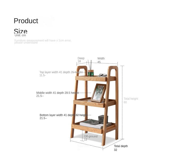 Oak Solid Wood Trapezoidal Three-Tier Bookshelf, Side Table