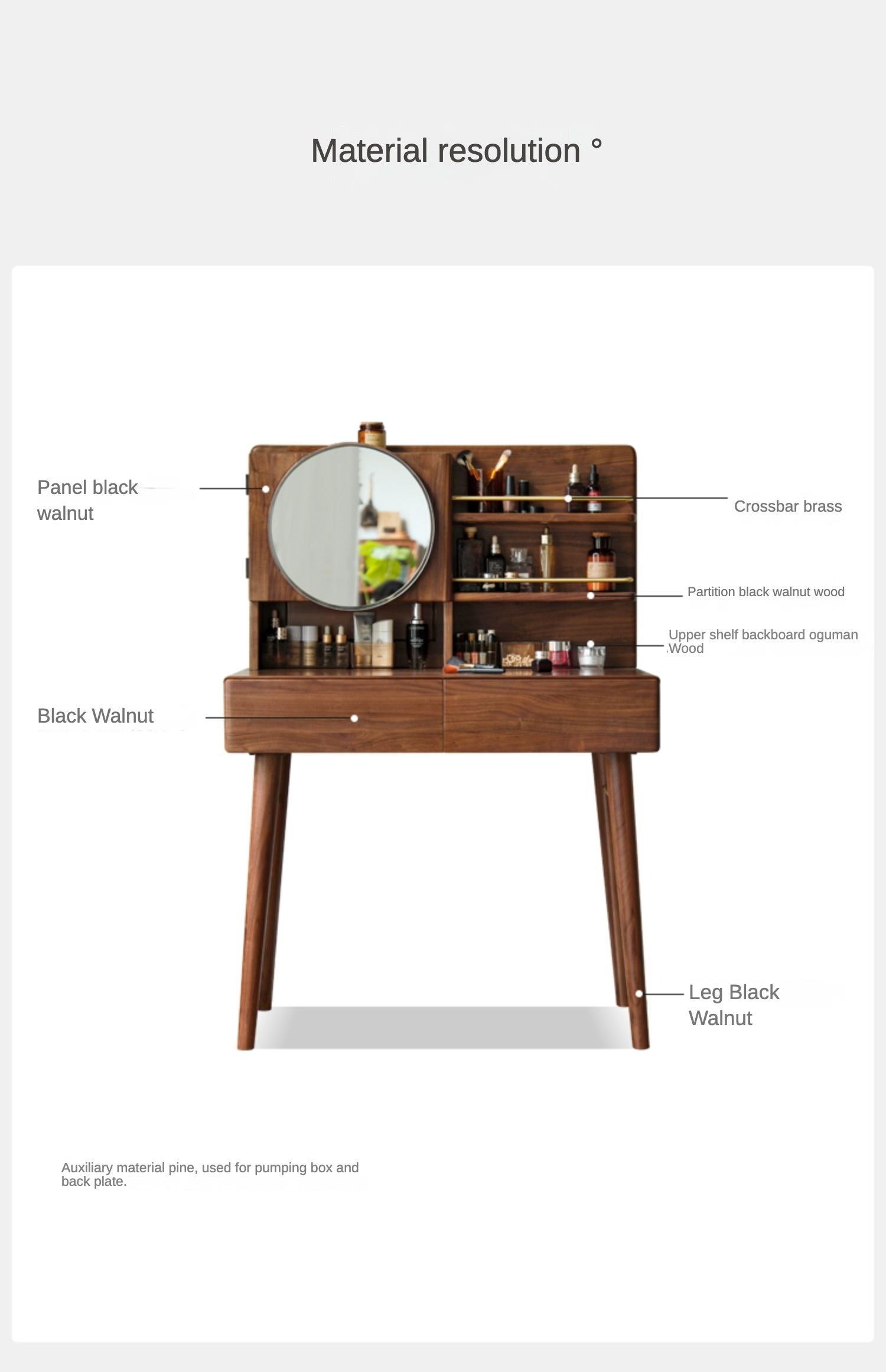 Black Walnut, Sandalwood Solid Wood Moon Makeup Mirror Vanity Table.
