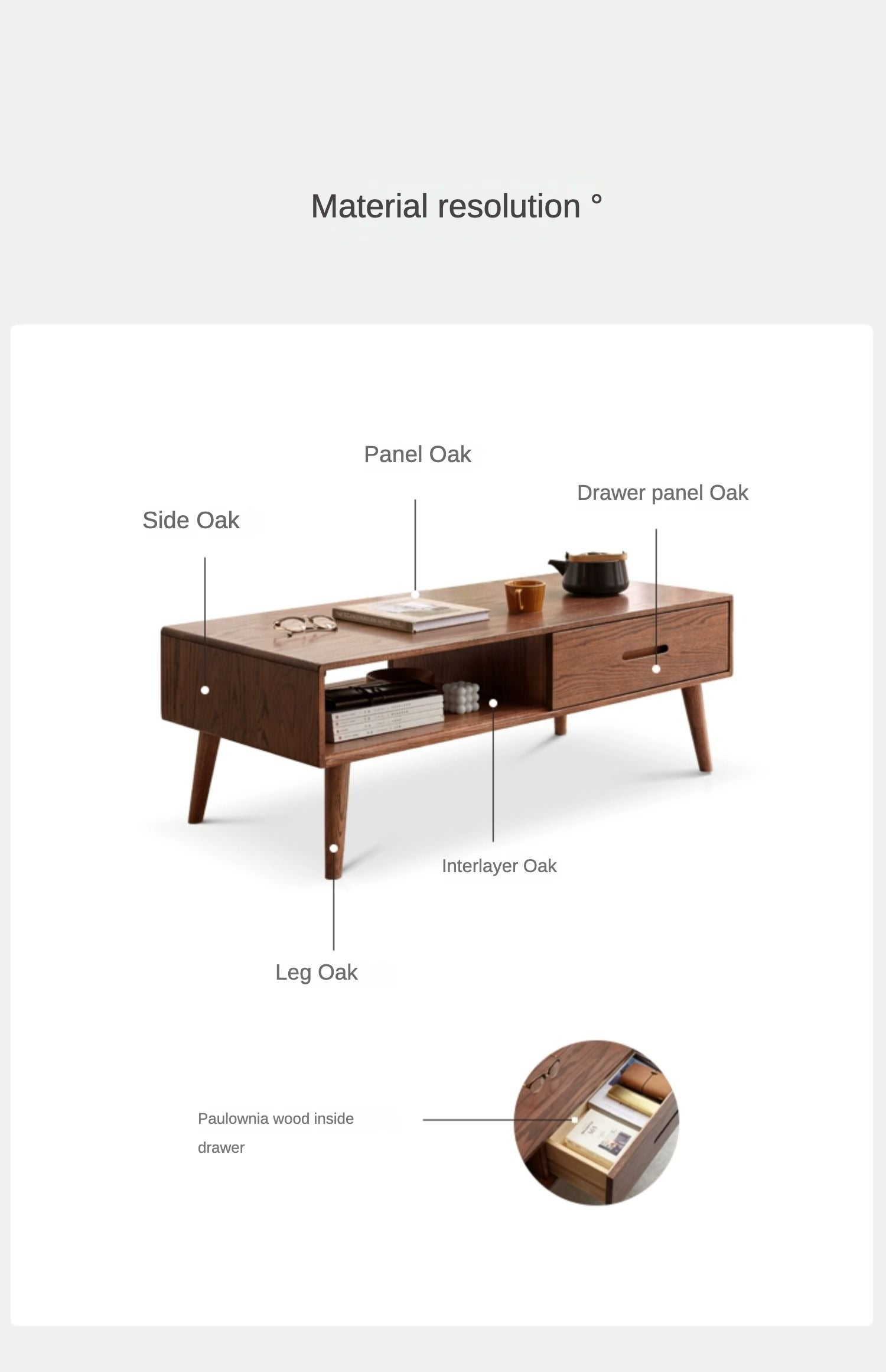Oak, Solid Rubberwood Two-Drawer Coffee Table Walnut Color