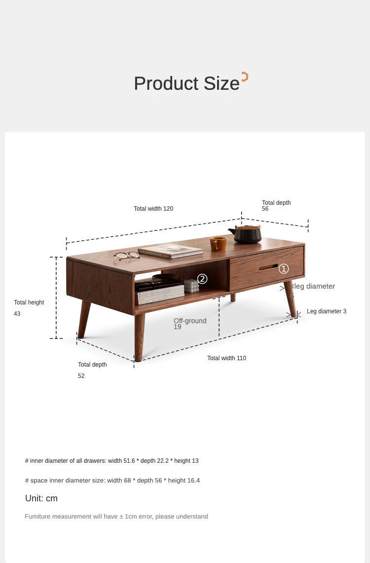 Oak, Solid Rubberwood Two-Drawer Coffee Table Walnut Color