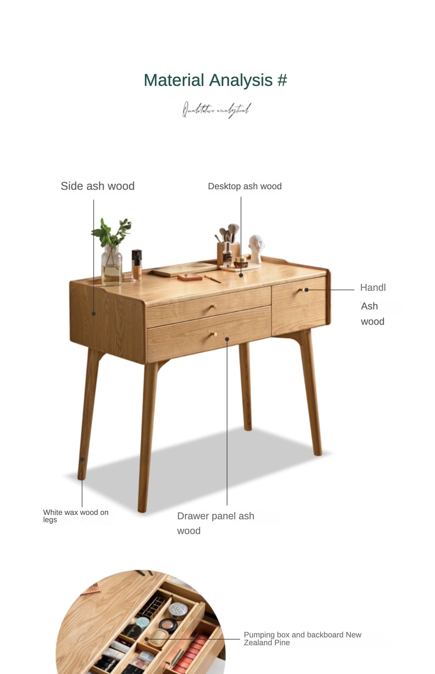Ash Solid Wood Dressing Table LED Makeup Mirror.