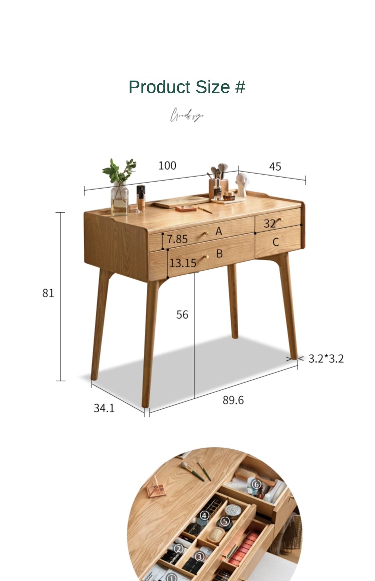 Ash Solid Wood Dressing Table LED Makeup Mirror.