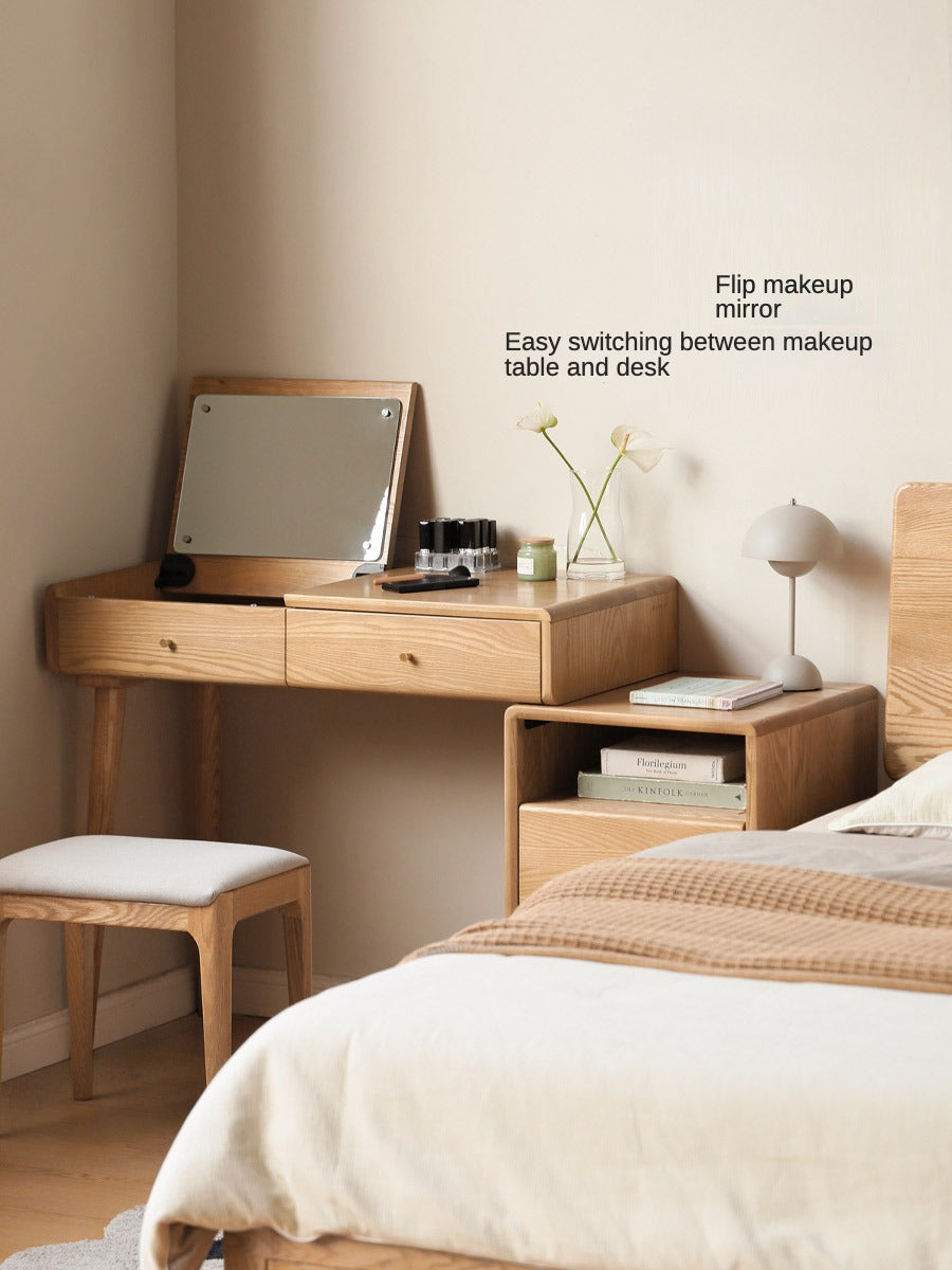 Ash Solid Wood Vanity Table with Mirror Shelf & Flip Cover.