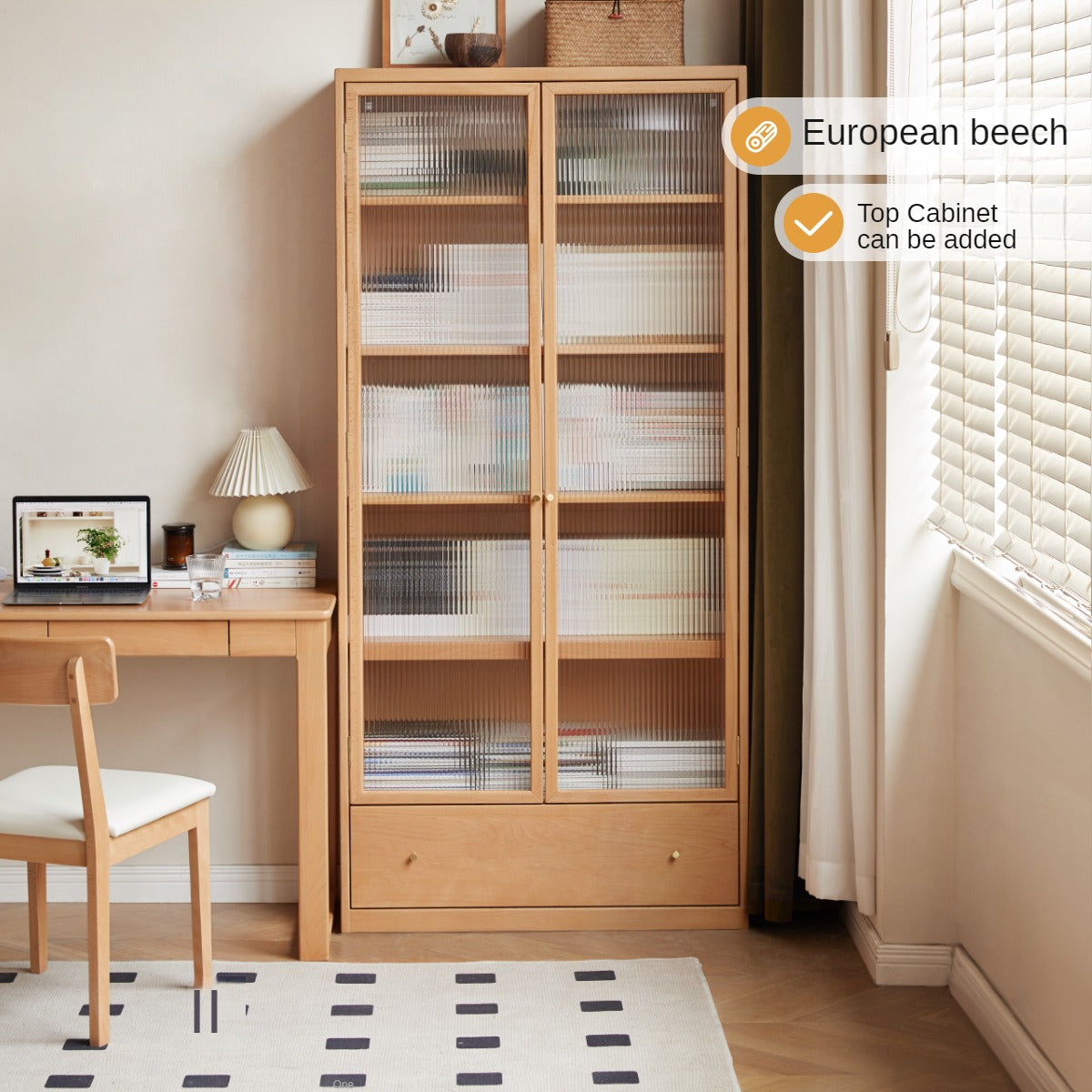 Beech European Solid Wood Bookshelf, Glass Door Storage Display Cabinet