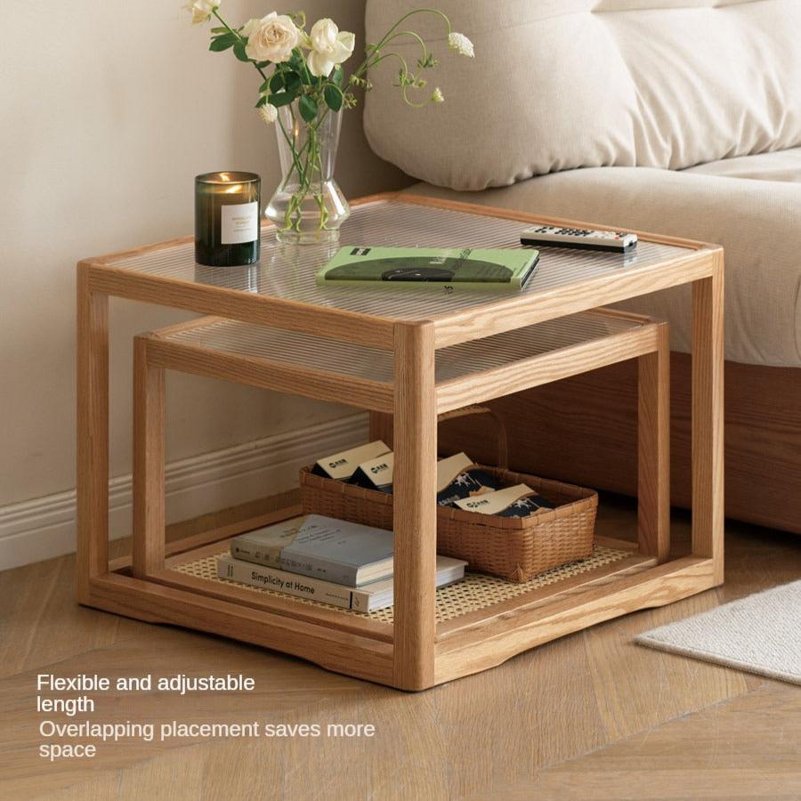 Oak, Beech Solid Wood, Glass Rattan Coffee Table
