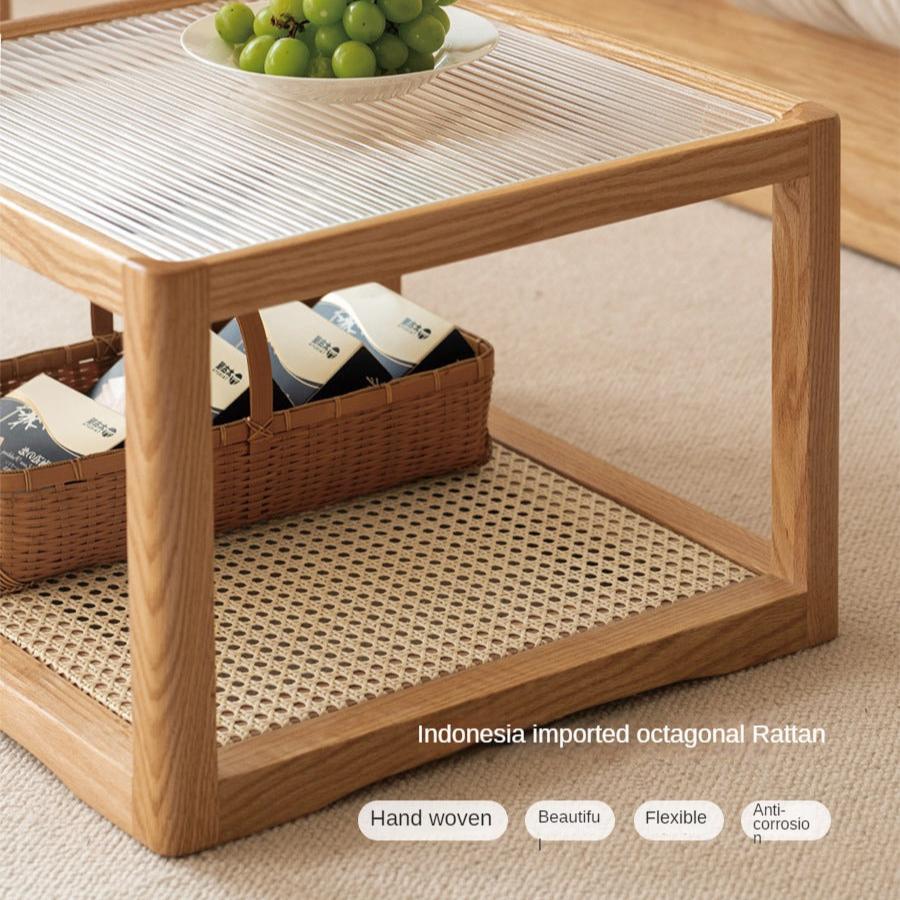 Oak, Beech Solid Wood, Glass Rattan Coffee Table