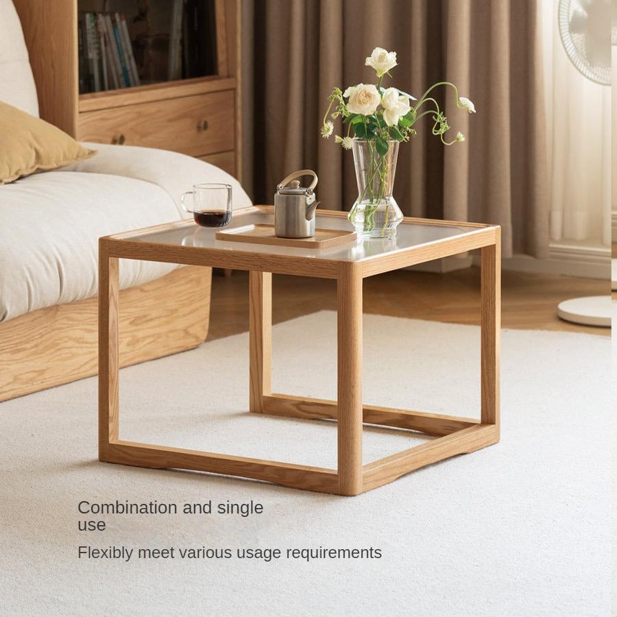Oak, Beech Solid Wood, Glass Rattan Coffee Table