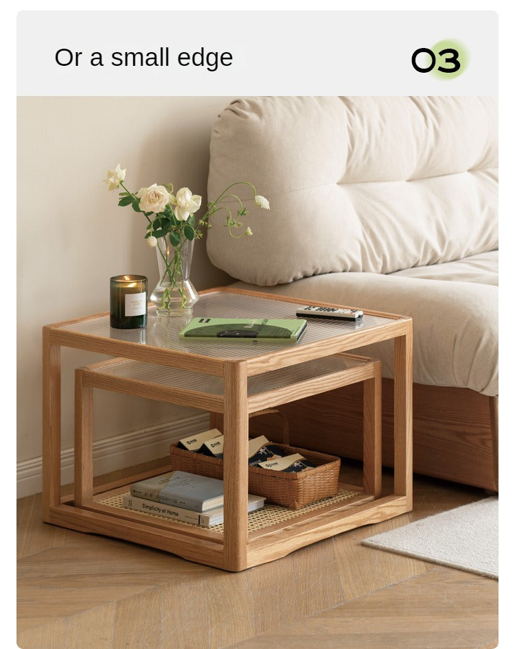 Oak, Beech Solid Wood, Glass Rattan Coffee Table
