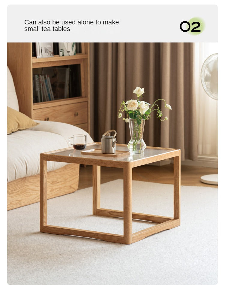 Oak, Beech Solid Wood, Glass Rattan Coffee Table