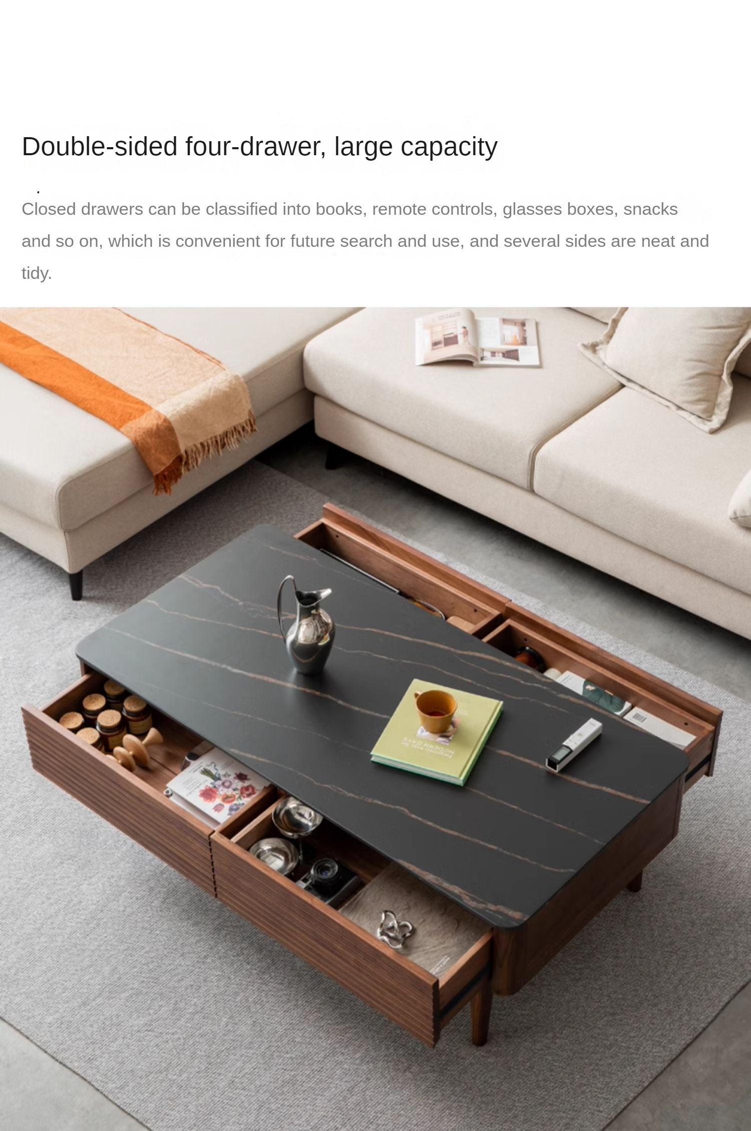 Black Walnut, Sandal Solid Wood Coffee Table with Slate Top