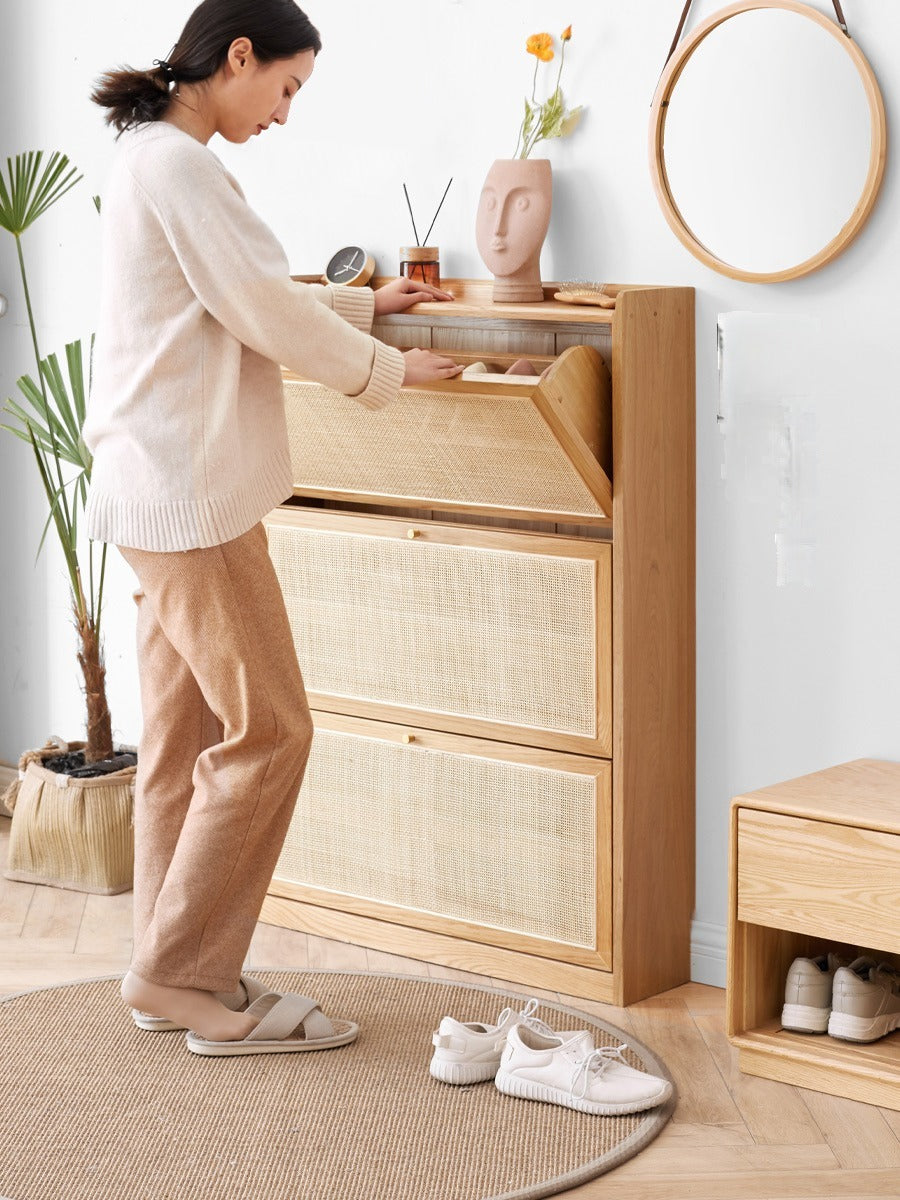 Oak Solid Wood Ultra-Thin Flap Door Rattan Shoe Cabinet