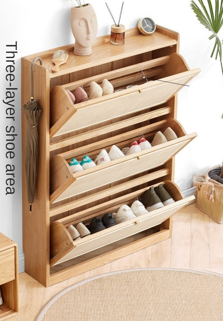 Oak Solid Wood Ultra-Thin Flap Door Rattan Shoe Cabinet