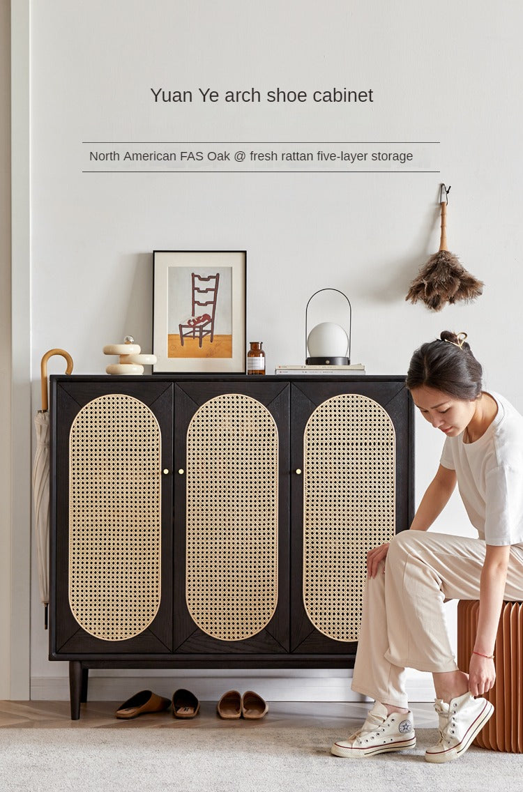 Oak Solid Wood Black Rattan Shoe Cabinet