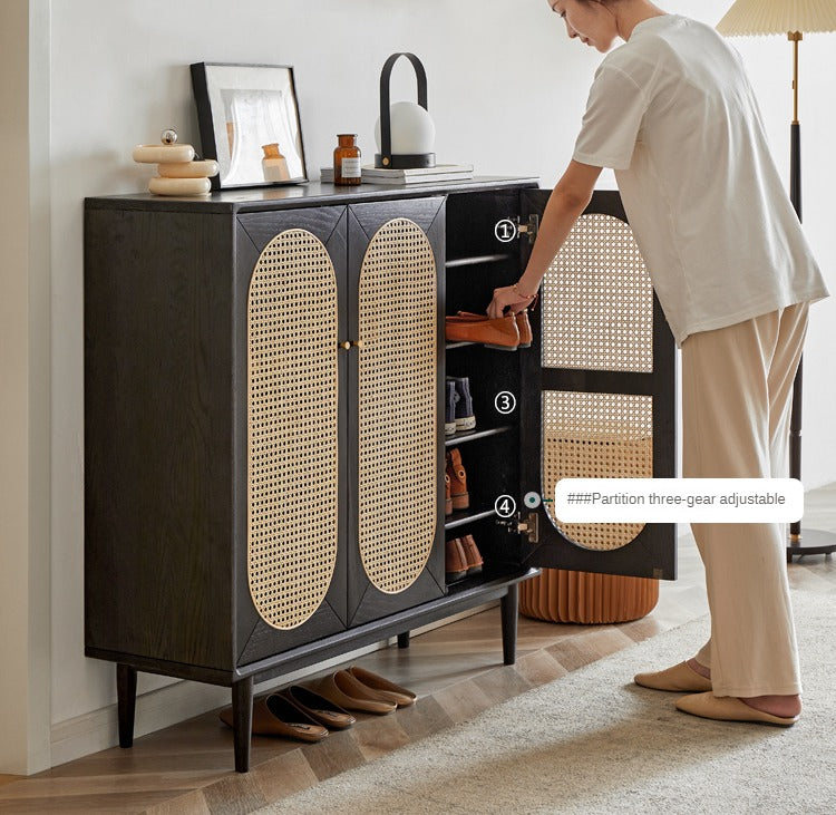 Oak Solid Wood Black Rattan Shoe Cabinet