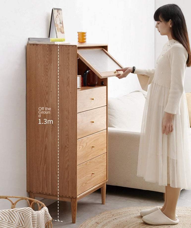 Oak Solid Wood Chest of Drawers Flip Glass Door