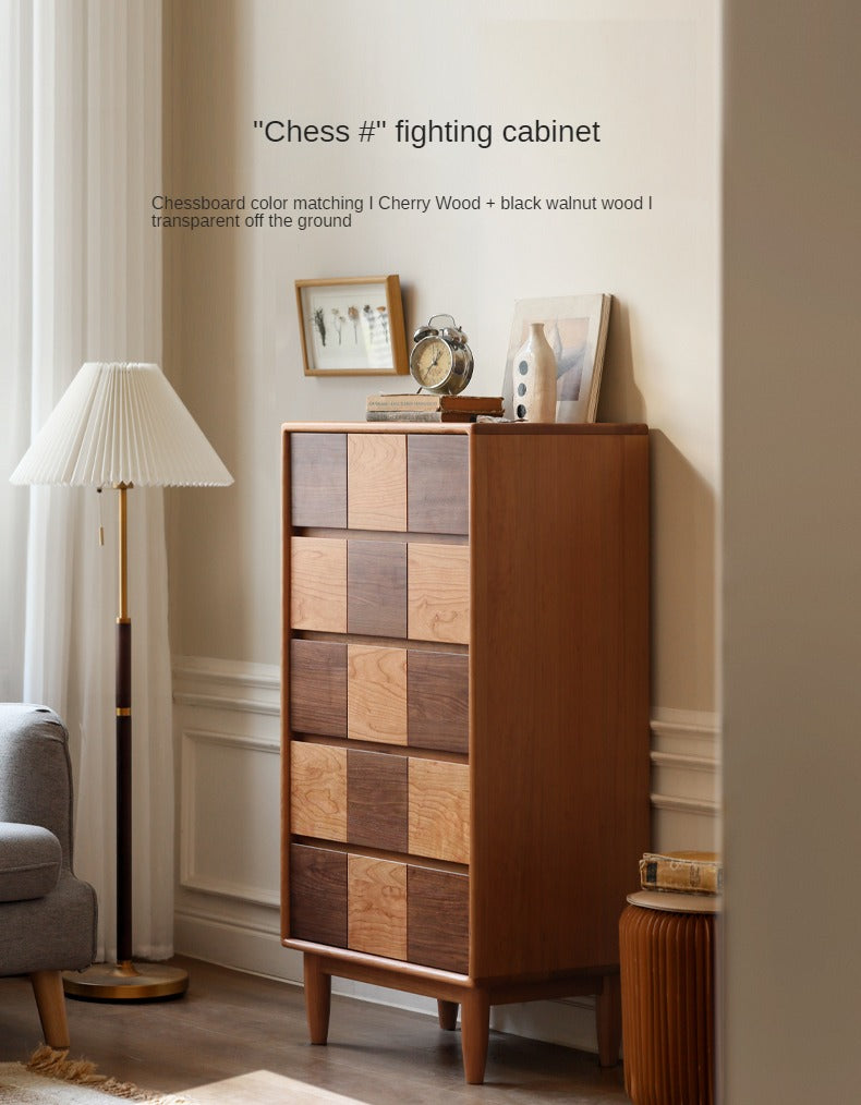 Cherry Solid Wood Retro Chest of Drawers Checkerboard