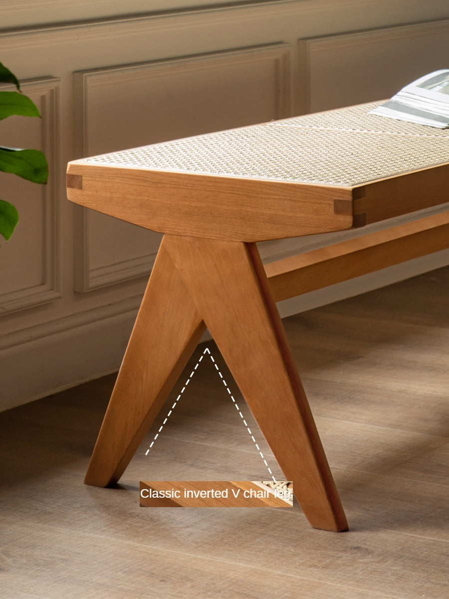 Cherry Solid Wood Rattan Retro Dining Bench