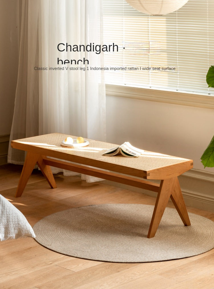 Cherry Solid Wood Rattan Retro Dining Bench