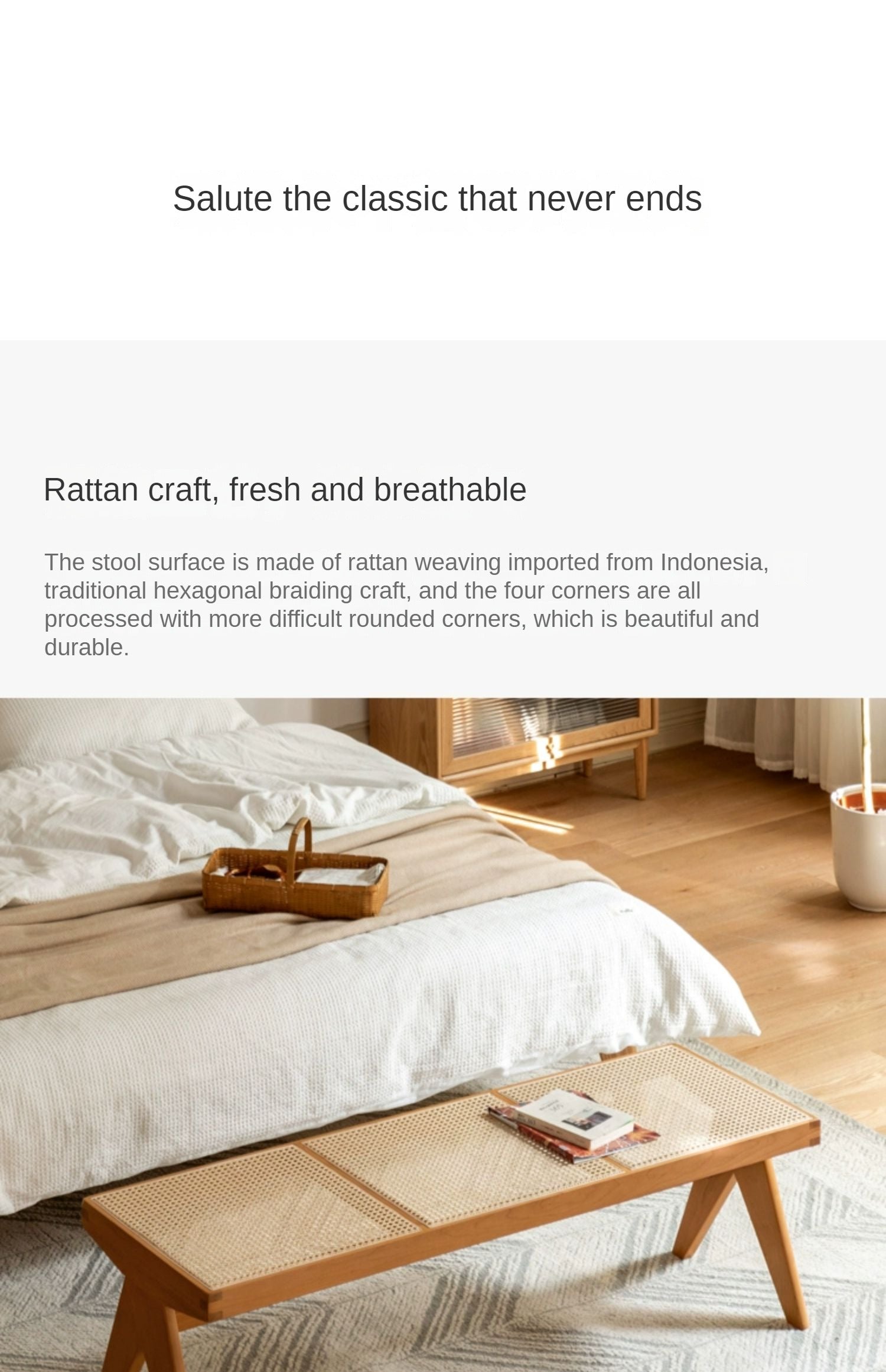 Cherry Solid Wood Rattan Retro Dining Bench