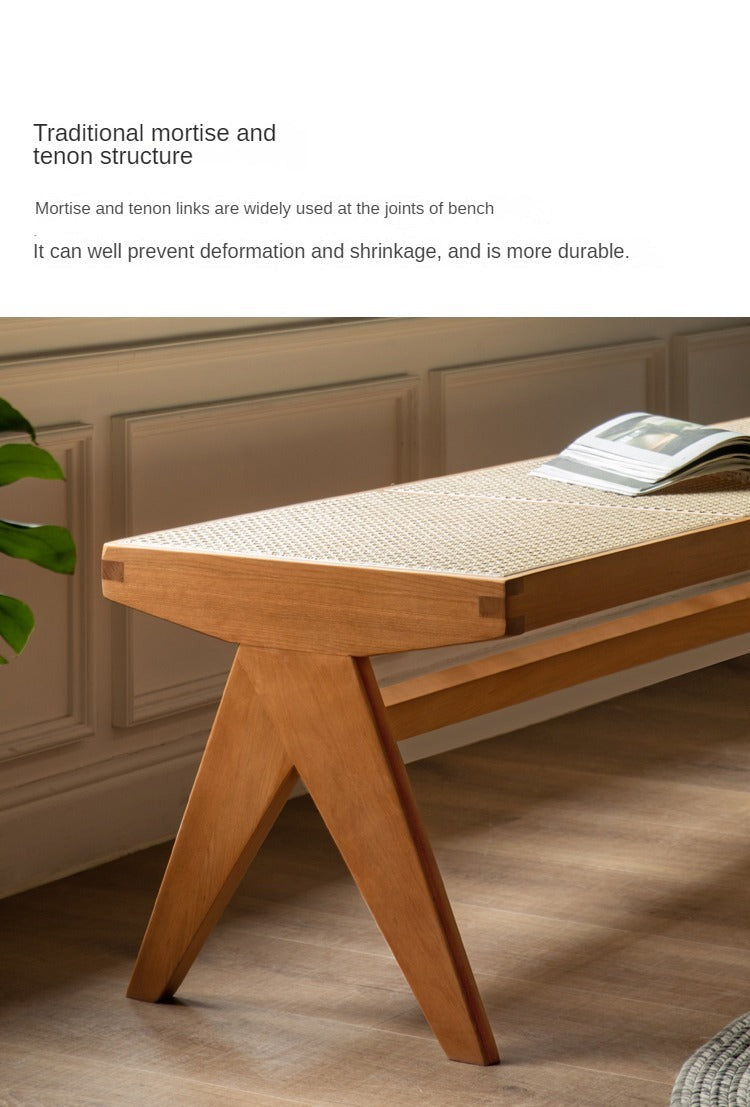 Cherry Solid Wood Rattan Retro Dining Bench