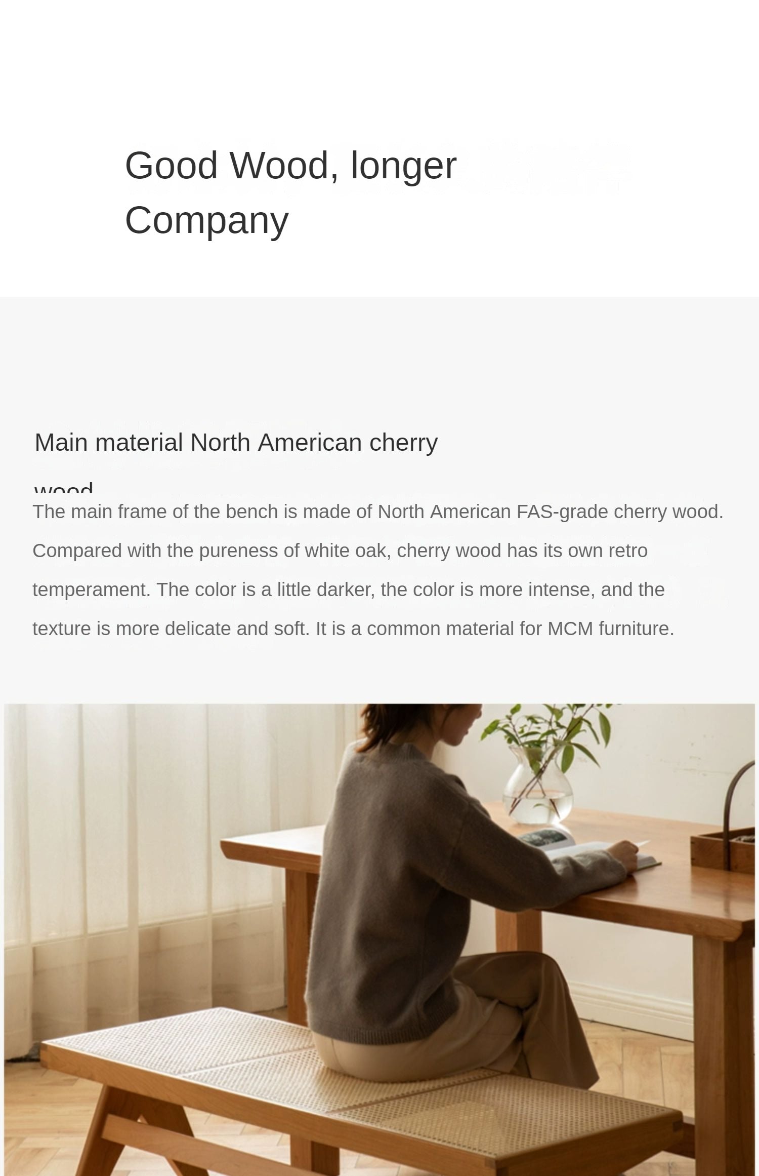 Cherry Solid Wood Rattan Retro Dining Bench